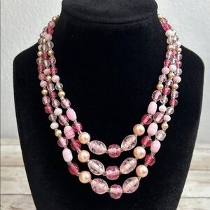 Vintage Japan Pink Glass and Champagne and Pink Faux Pearl Beaded Necklace